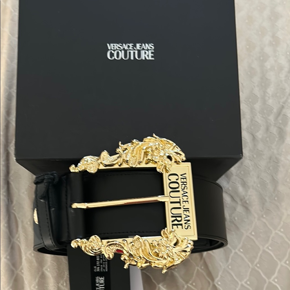 Versace Jeans Collection Black Belt with Gold Buckle